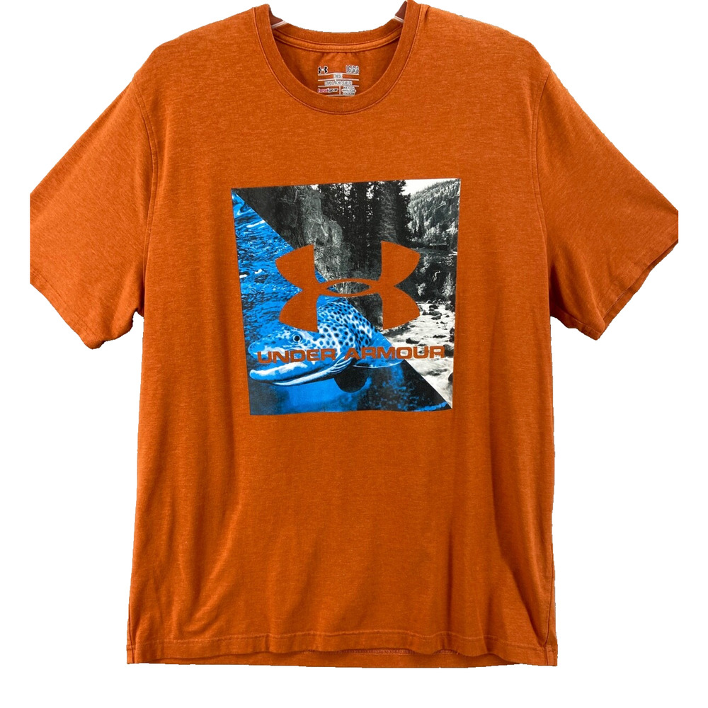 Under Armour Shirt Mens Sz L Heat Gear Orange Fish Graphic Logo Tee Top Outdoor